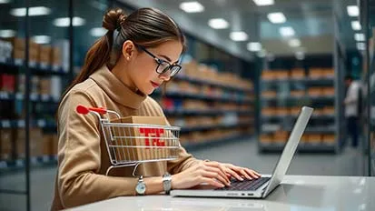 Lady working on laptop in an inventory, with a miniature shopping cart near her