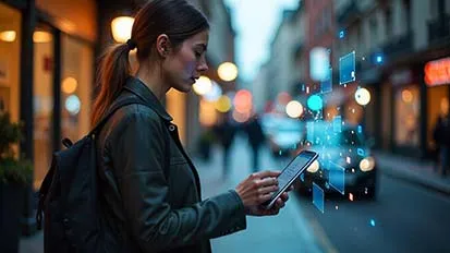 Lady looking at her mobile in a street environment