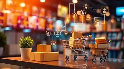Miniature shopping carts on a counter surface in a store