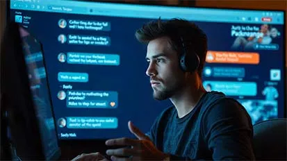 Young man working on computer, with a giant screen in the background