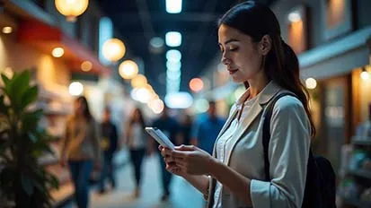 Lady looking at her mobile phone on a street