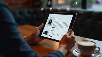 Hands holding a tablet with a content page open