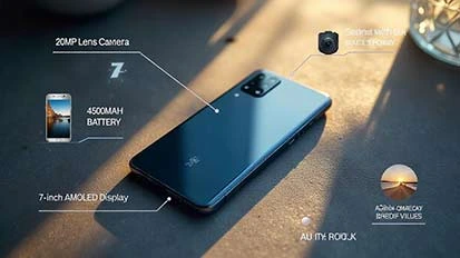 Mobile phone with specifications depicting camera, screen and battery abilities