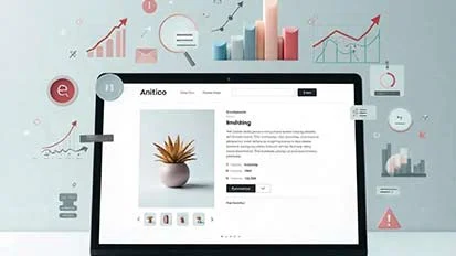 Tablet screen with many graphic elements around it. The screen itself is displaying a vase like product