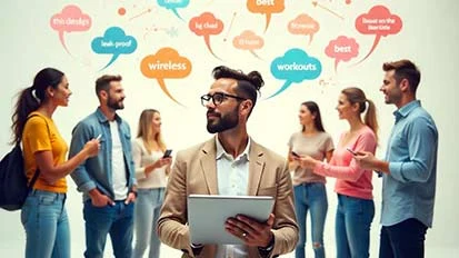 Man in glasses holding a laptop. There are many people around him saying different things