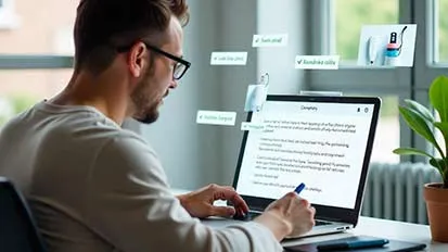 Man in glasses working on laptop