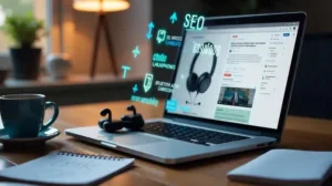 Laptop on table, with SEO and other elements displayed as graphic elements