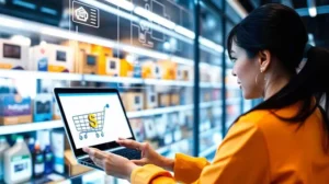 Young woman shopping on laptop against a store background